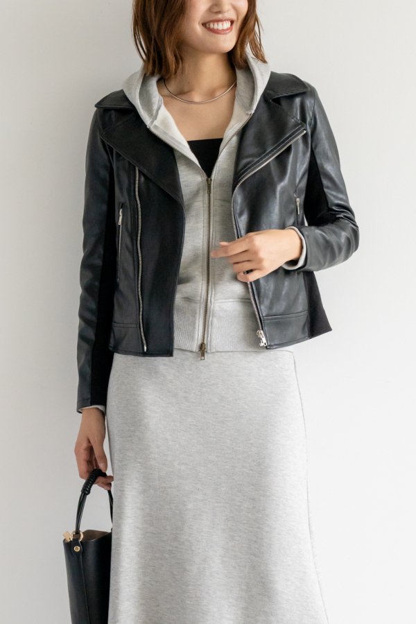 LIMITED SET】フェイクレザーライダースジャケット＋リブニットフレア