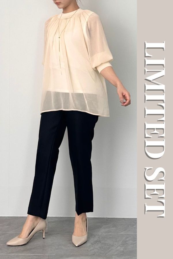 【Spring Collection 2026掲載】【LIMITED SET】エアリーギャザーブラウス＋リボン付きプレスパンツ※送料無料※