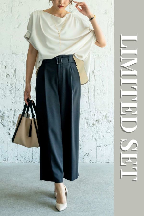 ＼＼数量限定！／／【LIMITED SET】ドレープブラウス＋ベルト付きタックストレートパンツ※送料無料※