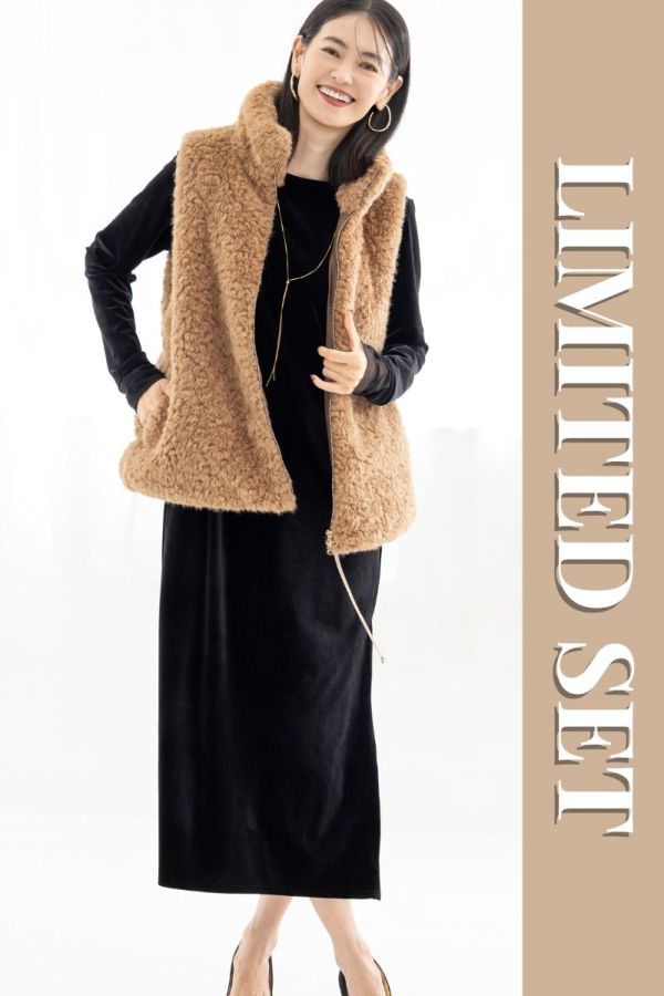 【Autumn Collection　2026掲載】【LIMITED SET】ウォームファーベスト＋シアースリーブベロアワンピース※送料無料※