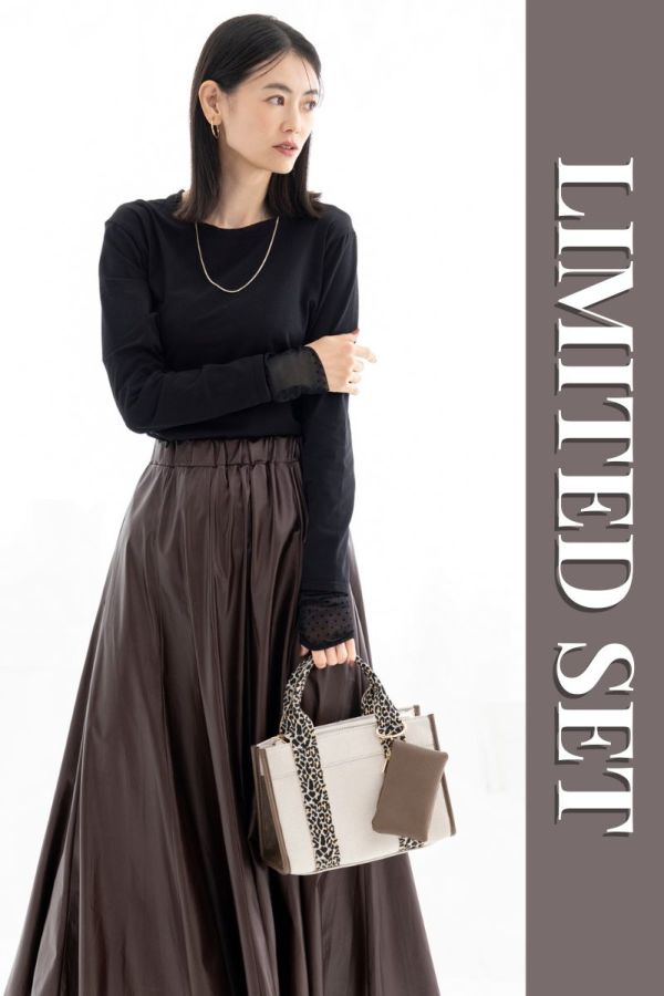 【Autumn Collection　2026掲載】【LIMITED SET】ドットシアースリーブトップス＋レザーライクフレアスカート※送料無料※